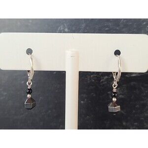 925 Sterling Silver Beaded Hematite Dangling Leverback Earrings Vintage